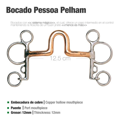 Bocado Pessoa Pelham de cobre e metal com 12,5 cm e espessura 12mm, com várias argolas para correias