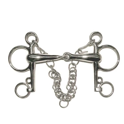 Ferradura metálica prateada para cavalo com corrente e argolas