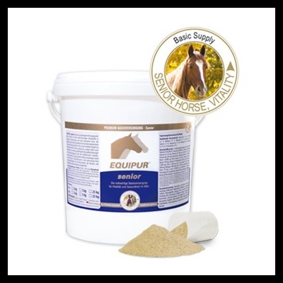 Balde branco de suplemento para cavalos EQUIPUR senior com ração em pó e colher
