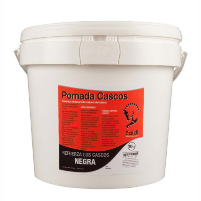 Balde de plástico branco com etiqueta vermelha, branca e preta do produto Pomada Cascos Zaldi 10 kg