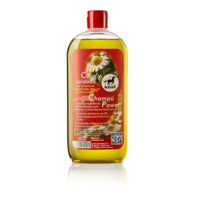 Frasco de champô amarelo com rótulo vermelho e tampa vermelha