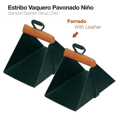 Par de estribos vaqueiros pavonados para criança com couro castanho no punho