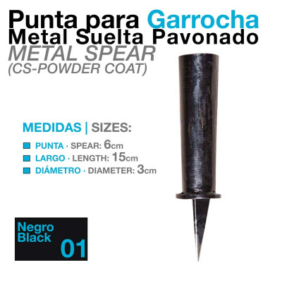 Punta para garrocha de metal pavonado preto com medidas e texto em fundo branco
