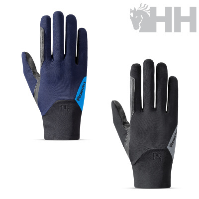 Par de luvas desportivas bicolor azul e preta com marca Roeckl, fundo branco e logo HH cinza