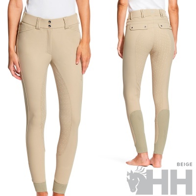 Calças de equitação femininas bege com inserções antiderrapantes e fecho de dois botões