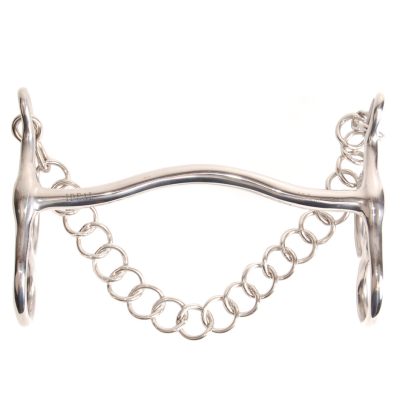 Freio de metal prateado com boca curva e corrente