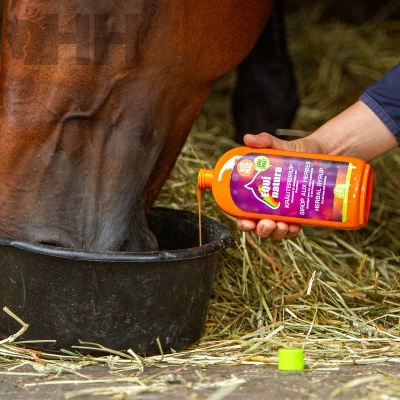 Cavalo a comer de balde preto com líquido sendo vertido de embalagem laranja com rótulo colorido num estábulo com palha