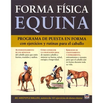 Capa de livro sobre exercícios para cavalos com texto em espanhol e ilustrações de cavalos