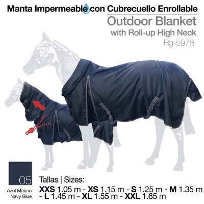 Manta impermeável azul-marinho para cavalo com cubrecuello enrolável e várias tiras de fixação