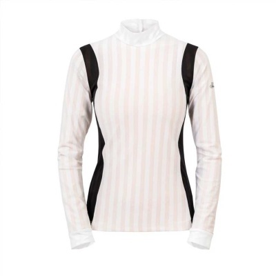 Camisola feminina comprida branca com riscas e detalhes pretos