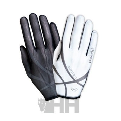 Par de luvas desportivas, preta e branca com texto Rockli e suntea