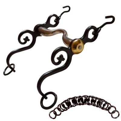 Freio metálico para cavalo com design decorativo e corrente preta