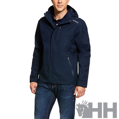 Casaco azul escuro com capuz e fechos, modelo masculino, tecido liso