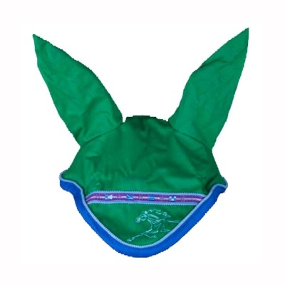 Touca verde para orelhas de cavalo com bordas azuis e detalhes lilás e branco