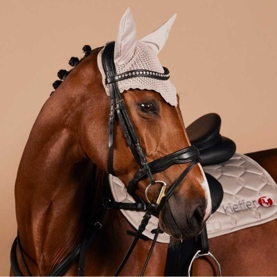 Cavalo castanho com equipamento de equitação incluindo touca bege, selim preto e manta branca com logótipo Kieffer