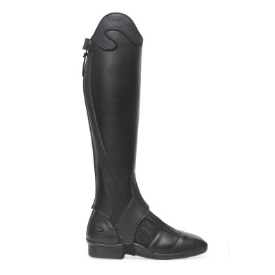 Bota alta preta de couro com elástico e fecho