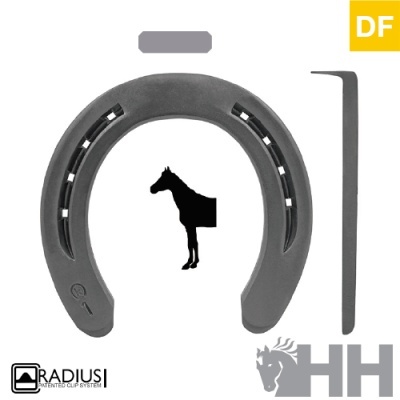 Ferradura metálica cinza com 21 buracos, ferramenta e logos RADIUS1, HH, DF