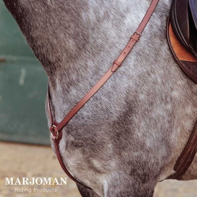 Coleira de couro ajustável em cavalo de pelagem cinza rajada com sela de montaria em couro