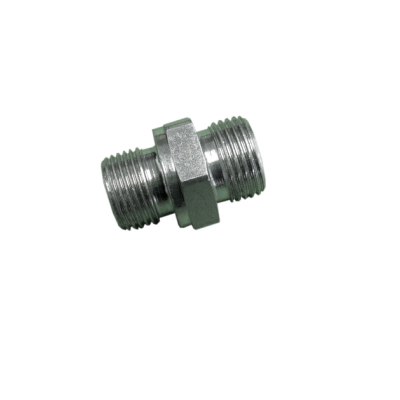 Conector metálico prateado com roscas e porca hexagonal no centro