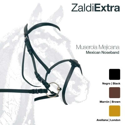 Muserola mexicana para cavalo em couro em três cores com texto Zaldi Extra e Muserola Mejicana Mexican Noseband