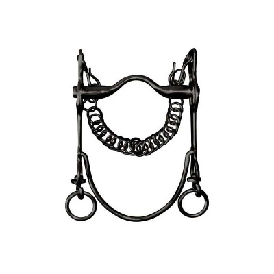 Freio de cavalo em metal preto com corrente e argolas