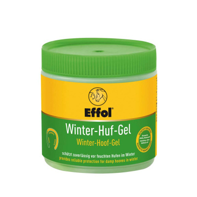 Frasco de gel para cascos de cavalo Effol Winter-Hoof-Gel com rótulo amarelo e verde