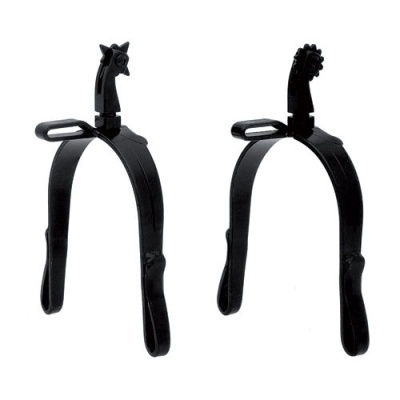 Par de esporas pretas de metal com detalhes de cabeças na parte superior