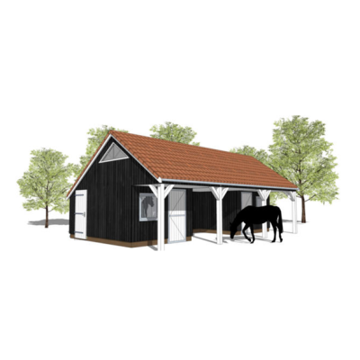 Estábulo preto com estrutura branca, telhado de telhas vermelhas e cavalo preto ao lado