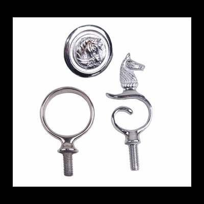Três pegas de metal prateado com designs de cavalo