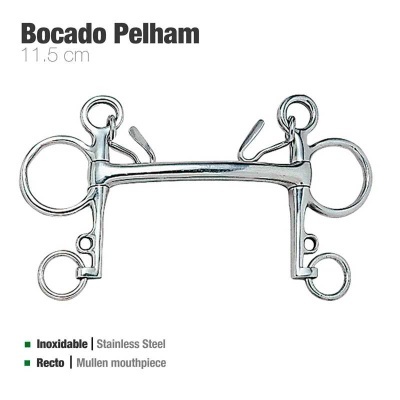 Bocado Pelham de aço inoxidável com 11,5 cm, vista frontal