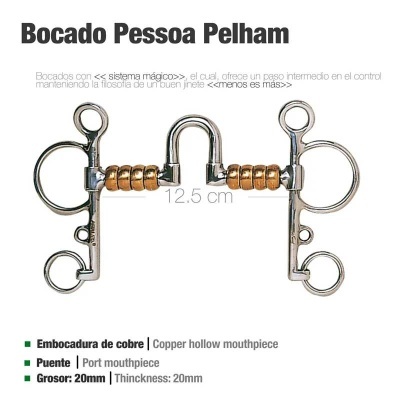 Bocado Pessoa Pelham em metal com partes douradas e texto informativo