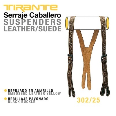 Suspensórios para homem em couro amarelo com fivelas pretas e padrão detalhado