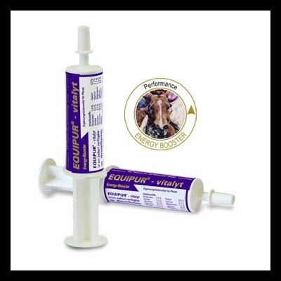 Dois tubos doseadores brancos com etiquetas roxas e selo com cavalo