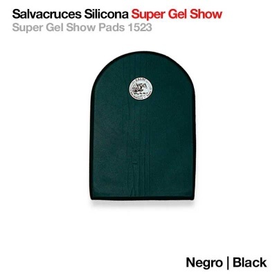 Salvacruces de silicone preto Super Gel Show Pads 1523 com etiqueta circular sobre fundo branco.