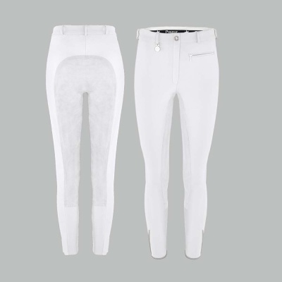 Calças de equitação brancas com reforço na parte traseira e interior das pernas