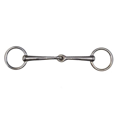 Freio de metal prateado para equitação com anéis circulares