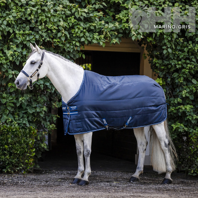 Cavalo com manta azul-marinho à frente de porta rodeada de folhagem