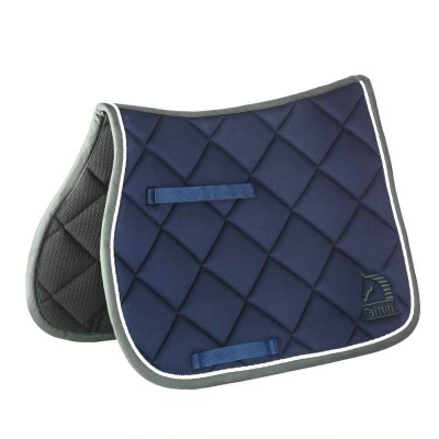 Tapete de sela azul escuro acolchoado com bordas cinza e logotipo EQUILINE