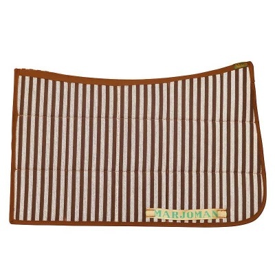 Tapete para cavalo riscado castanho e branco com etiqueta MARJOMAN