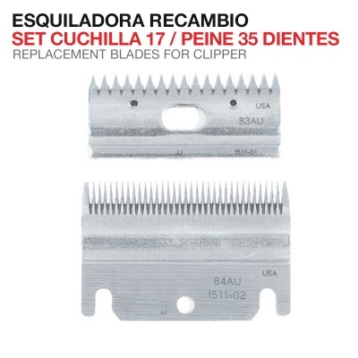 Conjunto de duas lâminas metálicas para máquina de cortar cabelo com texto impresso.