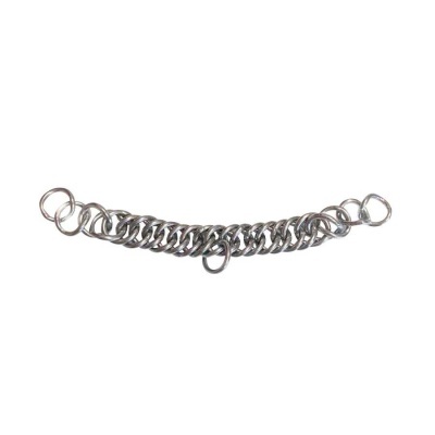 Pulseira de metal prateado tipo corrente com argolas variadas em fundo branco