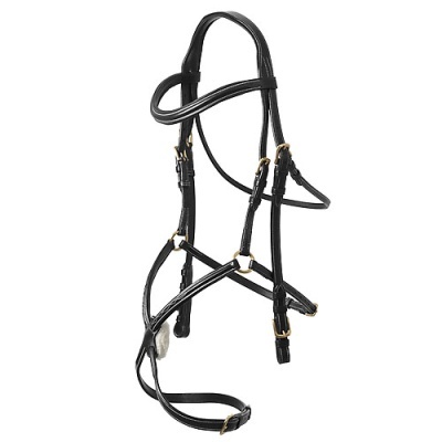 Bridão para cavalo preto com pelúcia branca e fivelas douradas