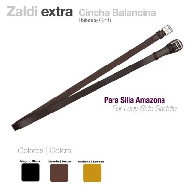 Cincha balancina da marca Zaldi extra para sela Amazon, em pele castanha com fivelas metálicas.