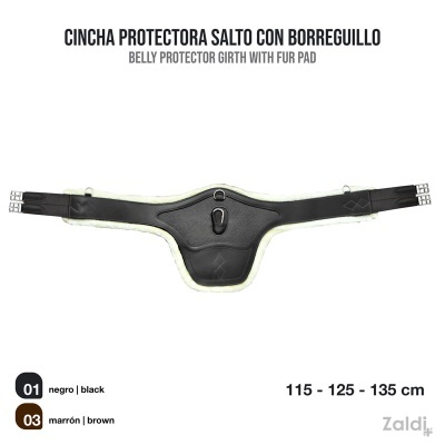 Cincha protectora para salto preta com acolchoamento branco e fivelas metálicas duplas.