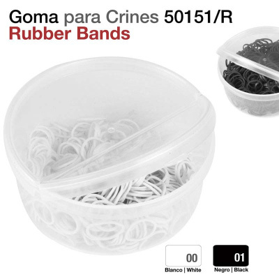 Caixa plástica com elásticos brancos pequenos e texto do produto
