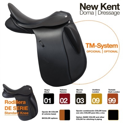 Sela de equitação New Kent em couro preto com texto de opções de cor e sistema TM-System