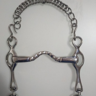 Freio metálico para cavalo prateado com corrente e argolas