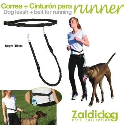 Correia e cinturão pretos para corrida com cão usados por mulher e cão, com texto promocional visível