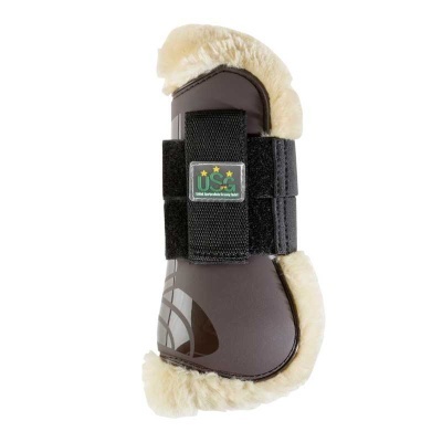 Protetor para cavalo castanho com pelo sintético bege e fecho velcro preto