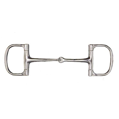 Freio metálico prateado para cavalo com junta central e argolas ovais nas extremidades